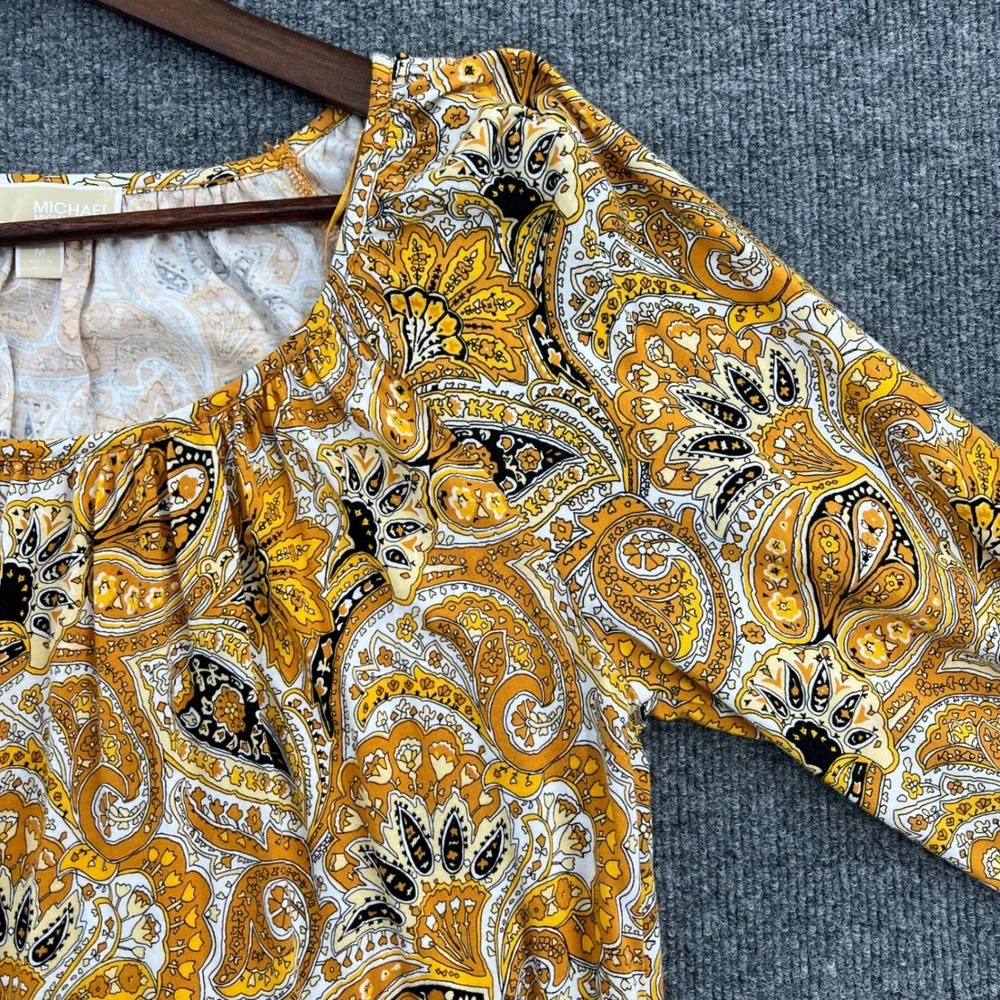 Michael Kors Paisley Blouse Womens Size M Yellow Boho‎ Chic Peasant Cottage
